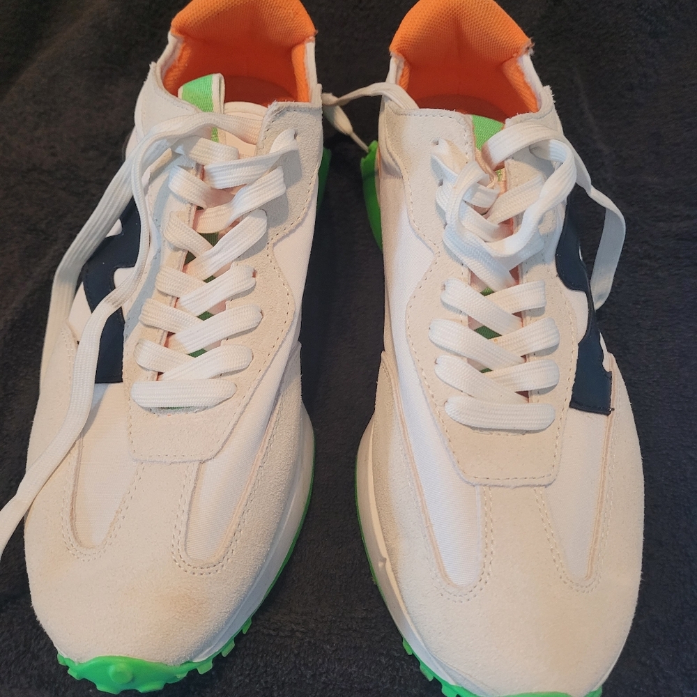 White Sneakers with Navy Accent and Lime Green Details